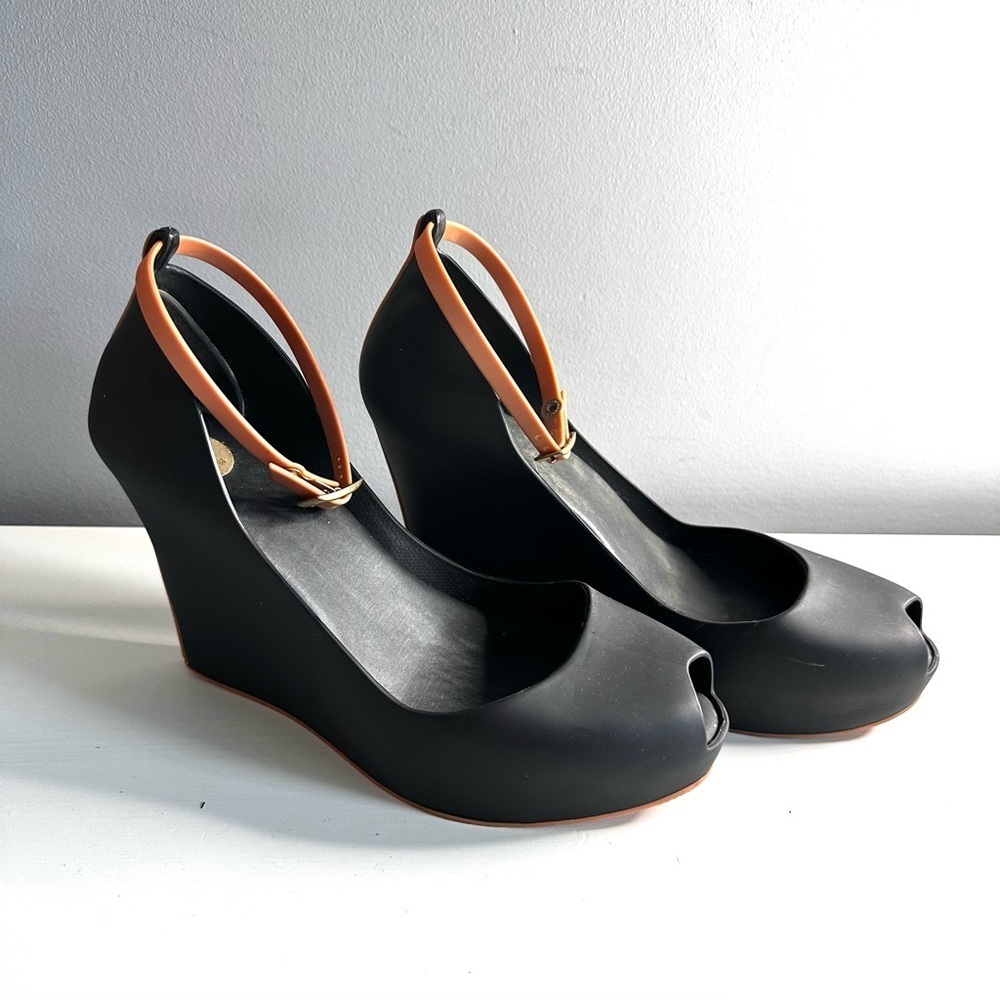 MELISSA Black Wedge Peep Toe Shoes with Tan Detail and Ankle Strap Size 9